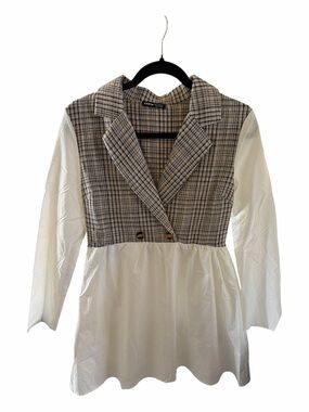 SHEIN Plaid Cropped Blazer Top with White Peplum
